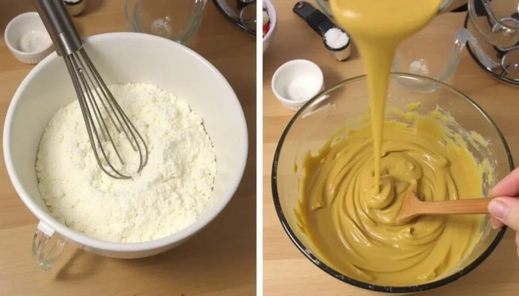 A bowl of dry ingredients being whisked and added to a wet cookie dough mixture.