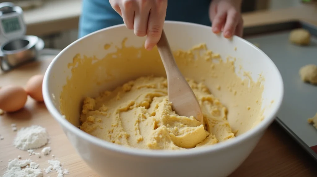 A person mixing the cookie dough in a large bowl with visible butter and sugar, preparing for the next step in baking.