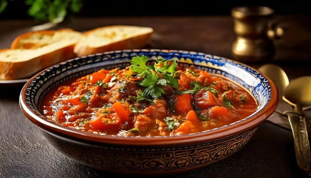 A rustic bowl of Moroccan Zaalouk, a tomato and eggplant stew, garnished with fresh herbs and served with crusty bread.