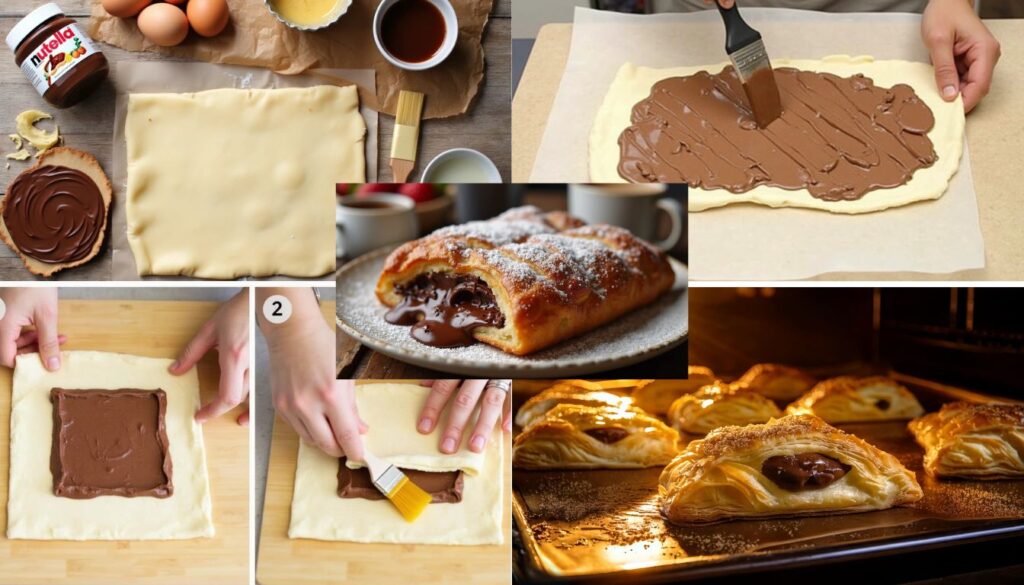 Ingredients and prep. for Nutella puff pastry: puff pastry sheet, Nutella, egg, water