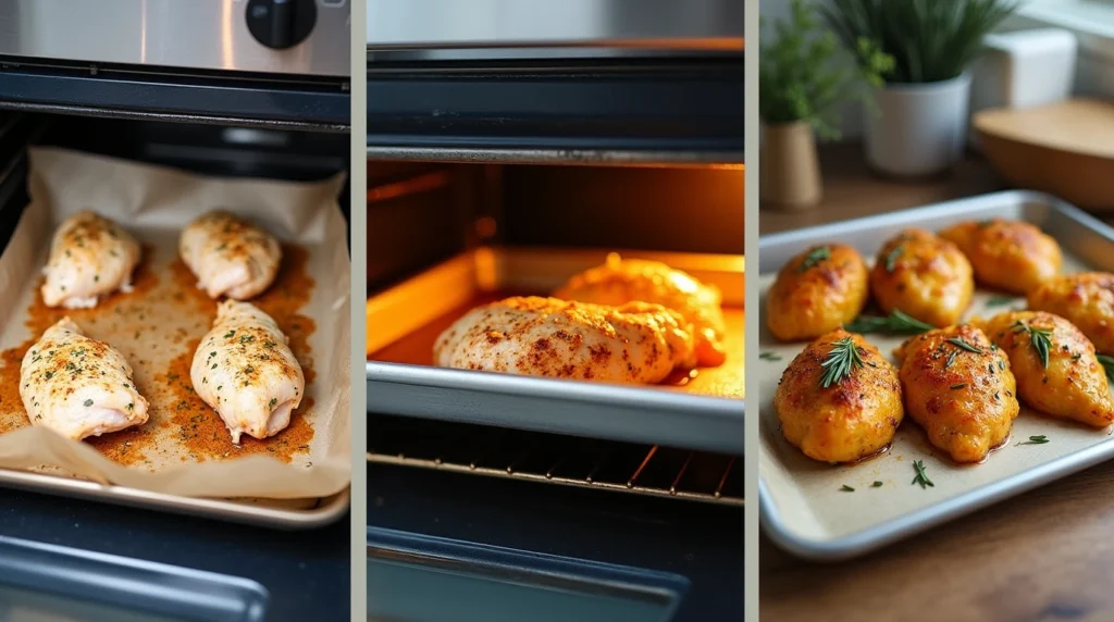 Three images showing marinated chicken breasts on a baking sheet, baking in the oven, and resting with a golden exterior, garnished with herbs.