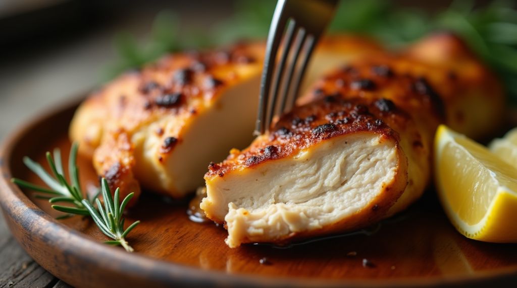 Close-up of a juicy, melt-in-your-mouth chicken breast on a rustic wooden plate, with a knife cutting into it to reveal its tender interior