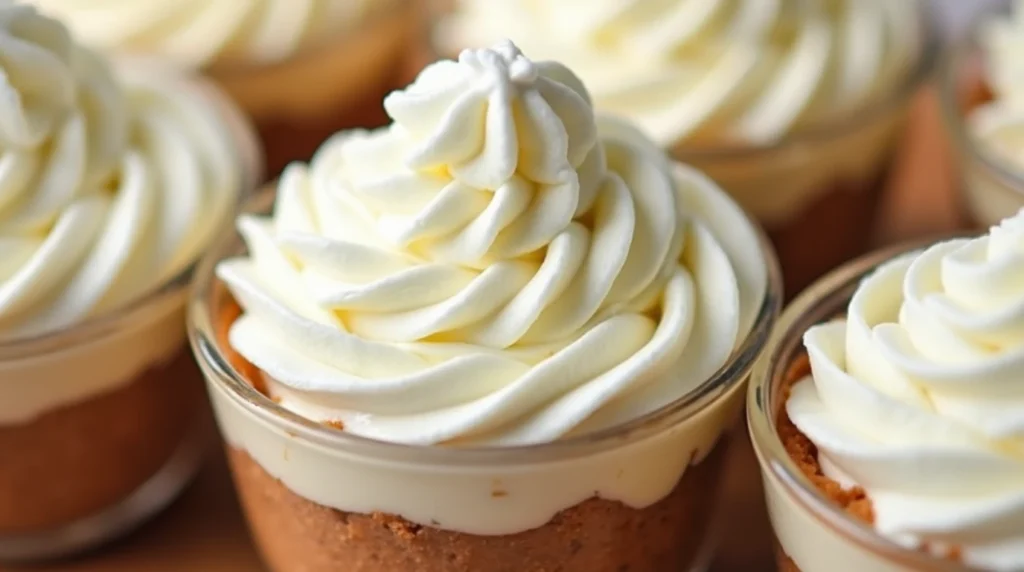 Whipped cream piped on top of a dessert cup, creating a smooth and elegant topping for the treat.