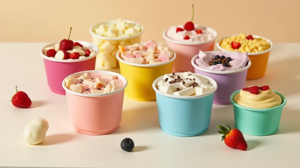 Colorful plastic cups filled with mini desserts, perfect for casual parties or gatherings.