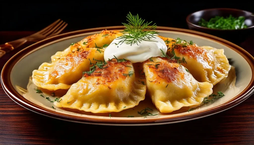 A plate of Polish Pierogi filled with creamy potato and cheese, served with sour cream and fresh dill, set against a rustic table setting