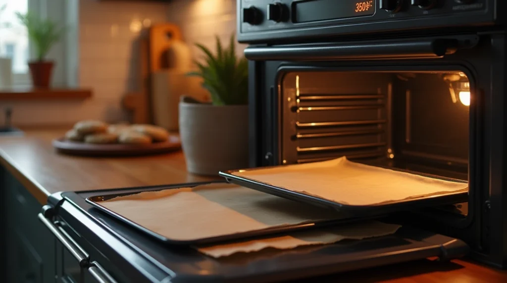 Oven set to 350°F with two baking sheets lined with parchment paper, ready for cookie baking.