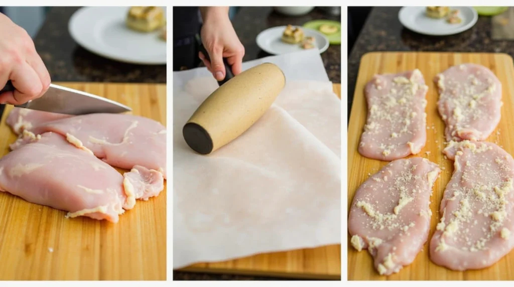 Three-step sequence showing chicken breasts being trimmed, flattened with a meat mallet, and arranged flat on a cutting board, ready for seasoning.