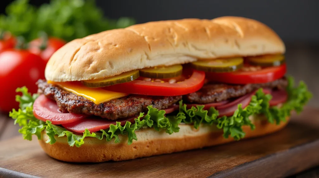 Quick beef sandwiches with thin slices of roast beef, cheese, lettuce, and tomato on fresh bread.