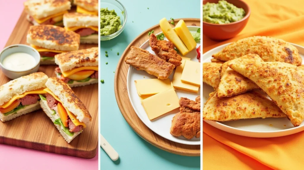 A variety of quick and healthy on-the-go meals including sliders with different fillings, DIY lunchables with cheese, crackers, and fruit, and crispy cheese quesadillas served with salsa and guacamole