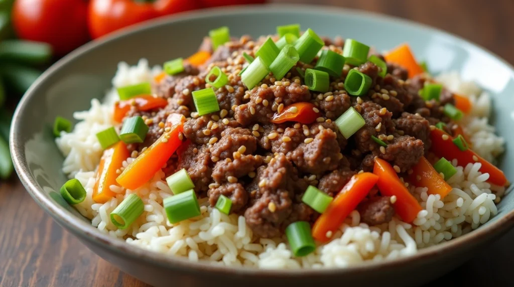 Delicious beef bowl with rice, fresh veggies, and savory sauce, topped with green onions and sesame seeds.