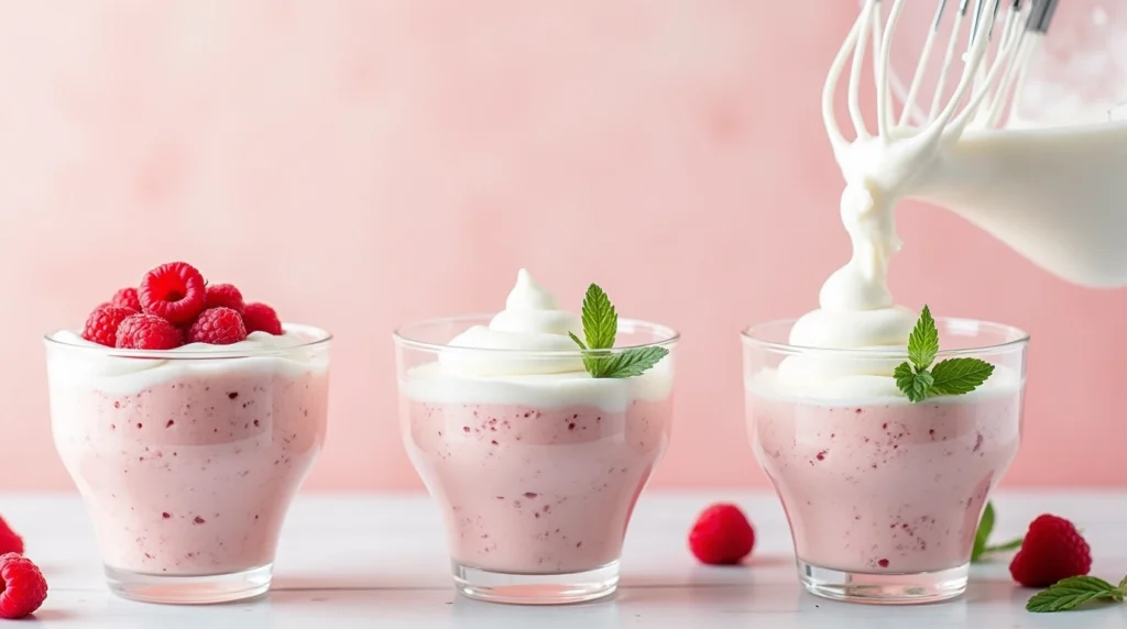 Step-by-step process of making raspberry mousse: pureeing raspberries, mixing with whipped cream, whipping to texture, and presenting in cups.