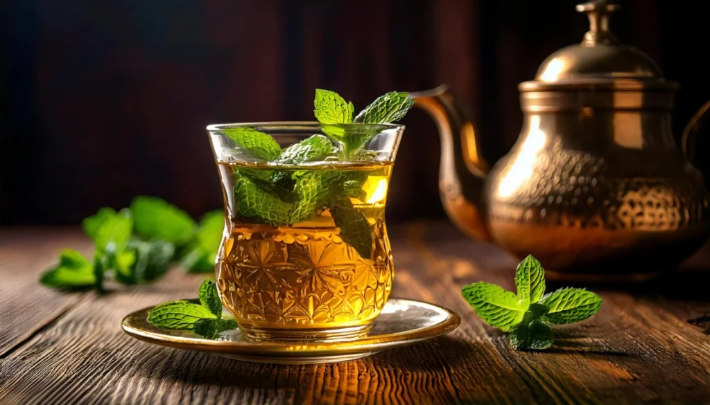 A glass of traditional mint tea served with fresh mint leaves