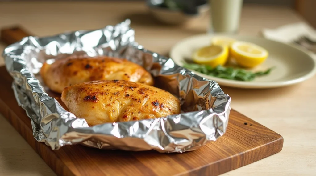 Cooked chicken breasts resting on a wooden cutting board, covered with aluminum foil, with lemon slices and fresh herbs nearby.