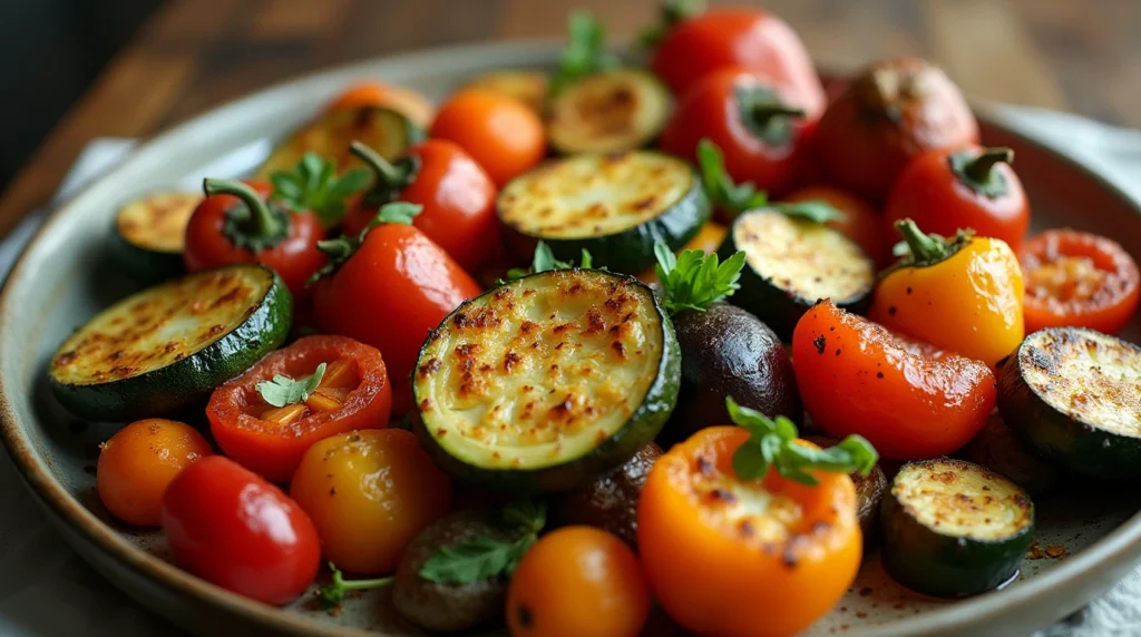 Roasted zucchini, bell peppers, and eggplant on a baking sheet with fresh herbs.