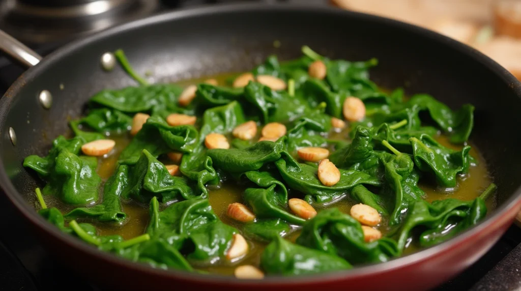 A pan of sautéed spinach and garlic sizzling in olive oil.