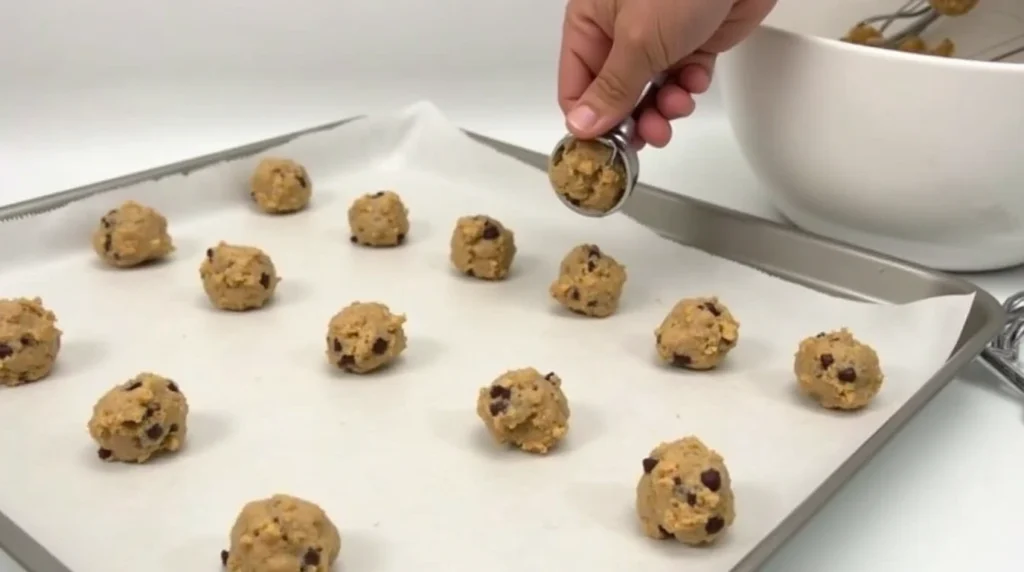 Rounded cookie dough balls being placed on a parchment-lined baking sheet with a cookie scoop.