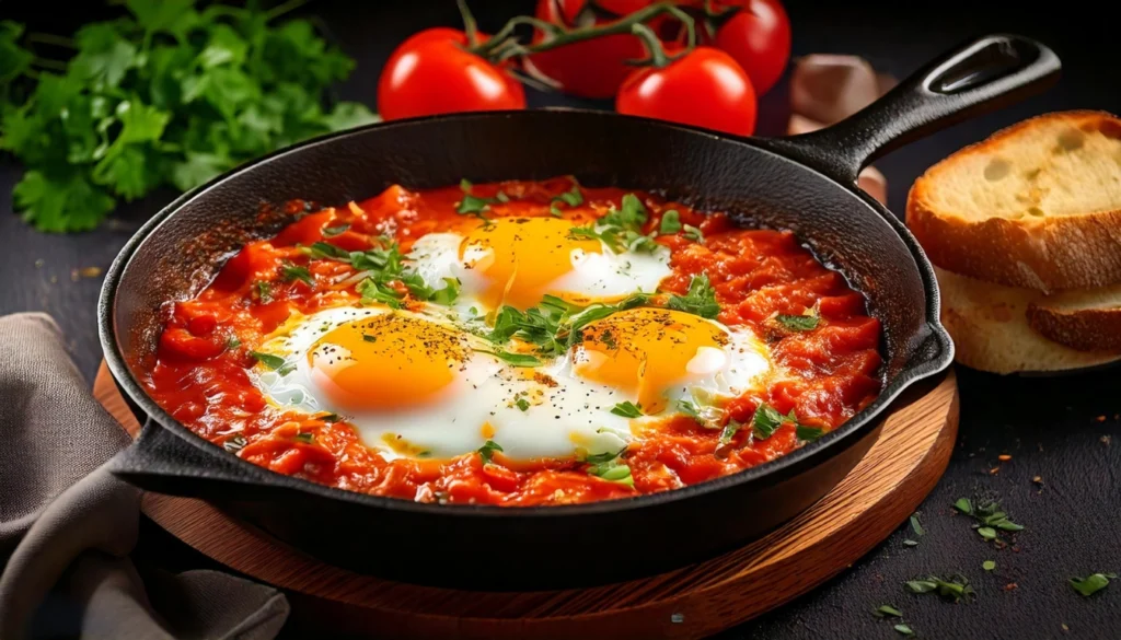 A skillet of shakshuka with poached eggs in a rich tomato sauce