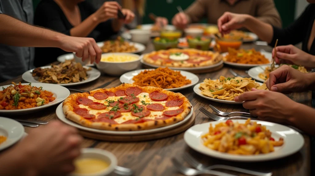 A diverse group of people enjoying fusion foods like pizza, tacos, and sushi at a dinner table.