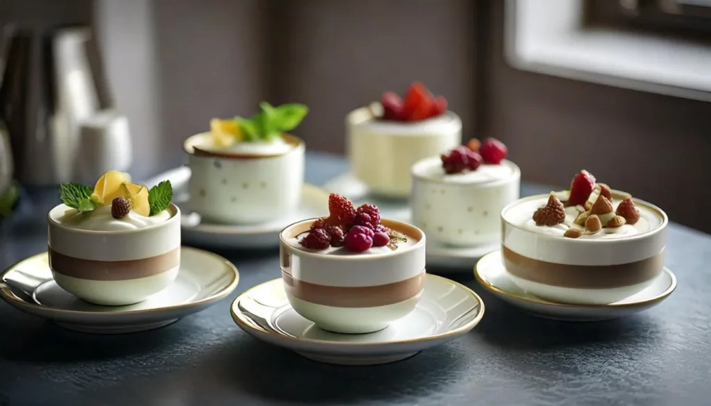 Elegant ceramic or porcelain cups holding gourmet mini desserts like crème brûlée or panna cotta.