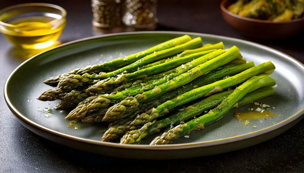 Vibrant steamed asparagus with a light drizzle of olive oil, showcasing its crisp texture