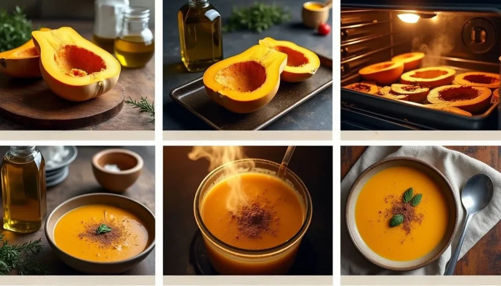 Step-by-step guide to making butternut squash soup, including roasting squash, pureeing with chicken broth, and final presentation in a bowl.