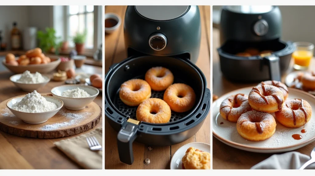 Air Fryer doughnuts preparation process with ingredients on a rustic kitchen counter, doughnuts cooking in the air fryer, and finished doughnuts served on a plate.