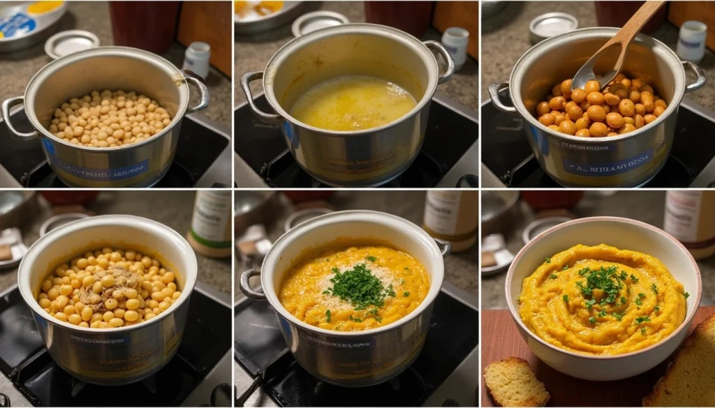 Step-by-step cooking process for Foul Medames with soaking beans, sautéing garlic, adding spices, and serving with lemon and parsley.