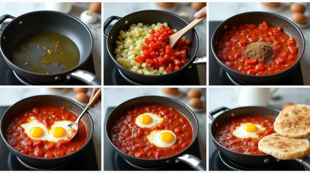 Step-by-step cooking process of shakshuka with sautéed onions, bell peppers, tomatoes, and poached eggs in a skillet.