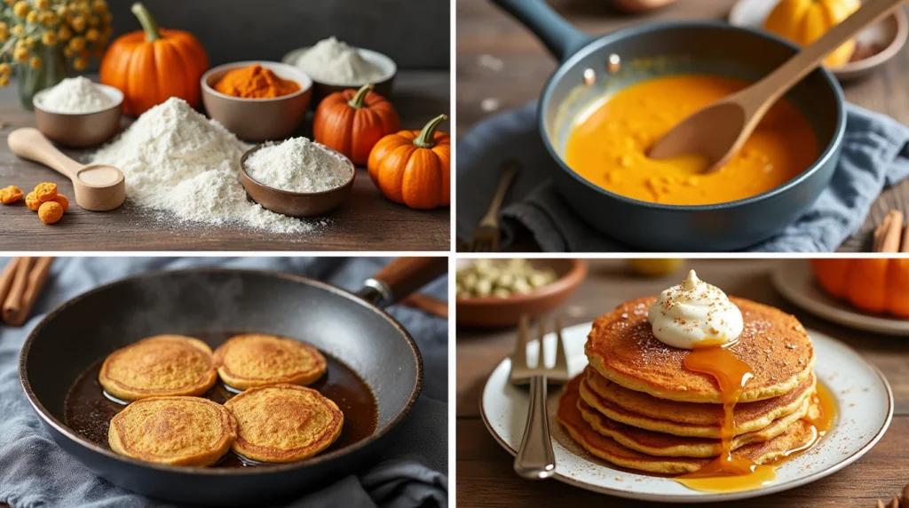 Step-by-step images of making pumpkin pancakes, from ingredients to cooking to serving