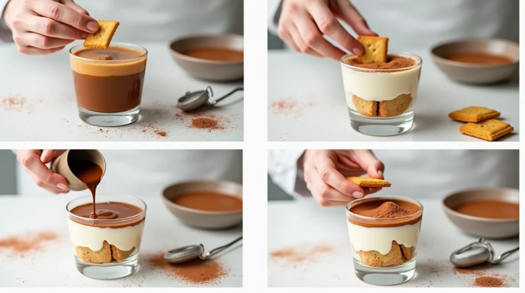 Step-by-step process of making tiramisu cups: dipping ladyfingers in coffee, layering with mascarpone, and topping with cocoa powder.