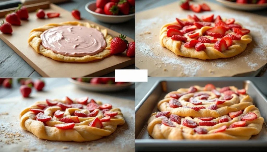 Step-by-step images of Strawberry Almond Puff Pastry Twists with sliced strawberries, almond cream, and puff pastry.