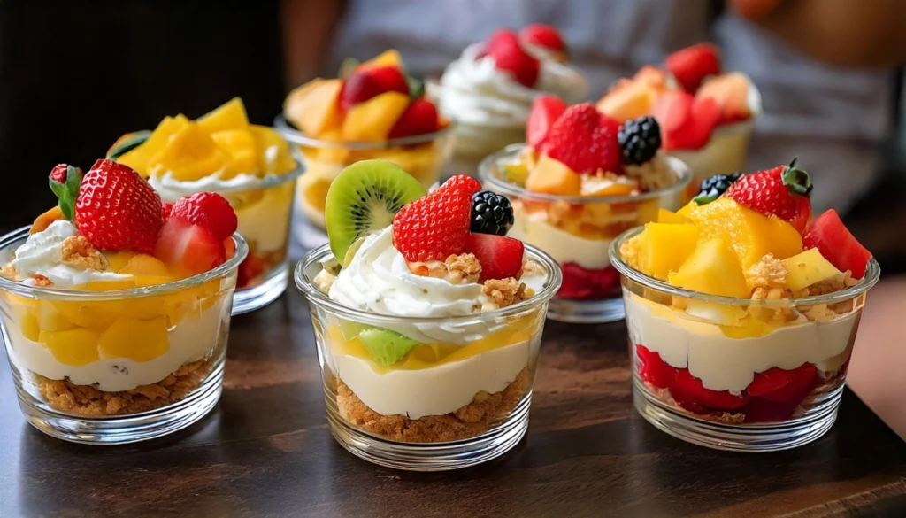 Fresh fruit, whipped cream, and crumbled cookies being added to individual dessert cups, creating a vibrant and textured finish.