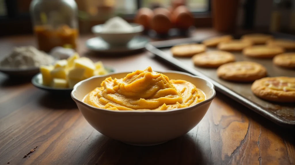 Butterscotch pudding mix surrounded by cookie ingredients, with a tray of fresh cookies in the background.