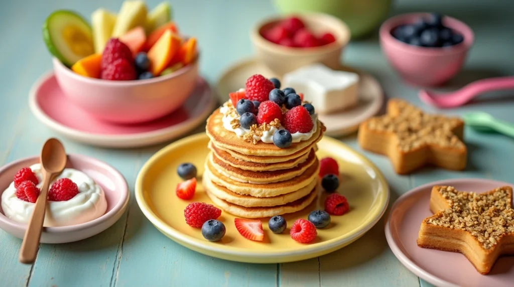 A vibrant toddler breakfast table featuring healthy toddler breakfast ideas like bowls of colorful fruit slices, mini pancakes with berries, yogurt cups with granola, and fun-shaped whole-grain toast, all set in a cheerful, family-friendly atmosphere.