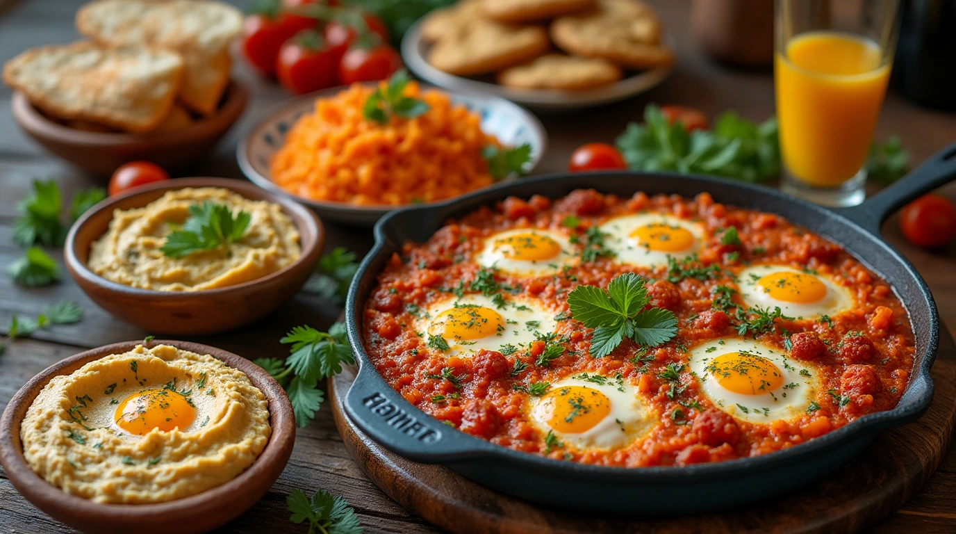 Traditional Arabic breakfast dishes served with hummus, foul medames, shakshuka, and manakish on a rustic table