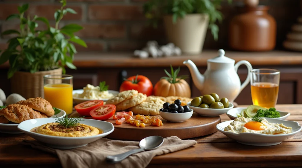 Traditional Arabic breakfast spread with hummus, labneh, pita bread, olives, and fresh vegetables