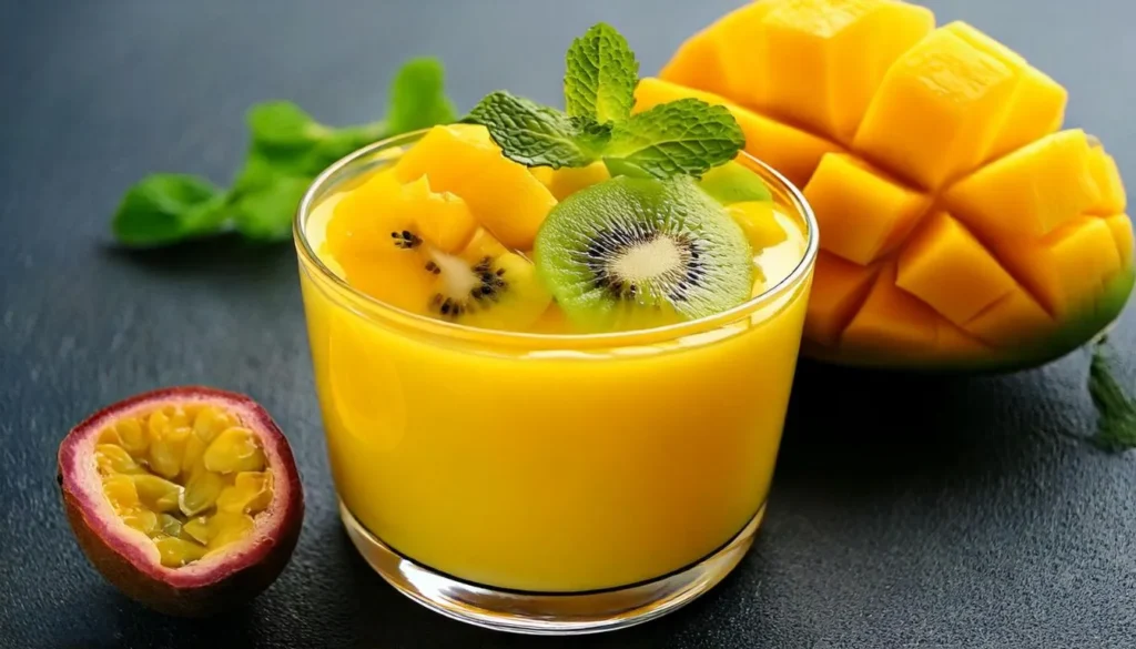 Mango mousse filling in a dessert cup, topped with fresh tropical fruits like kiwi and passion fruit.