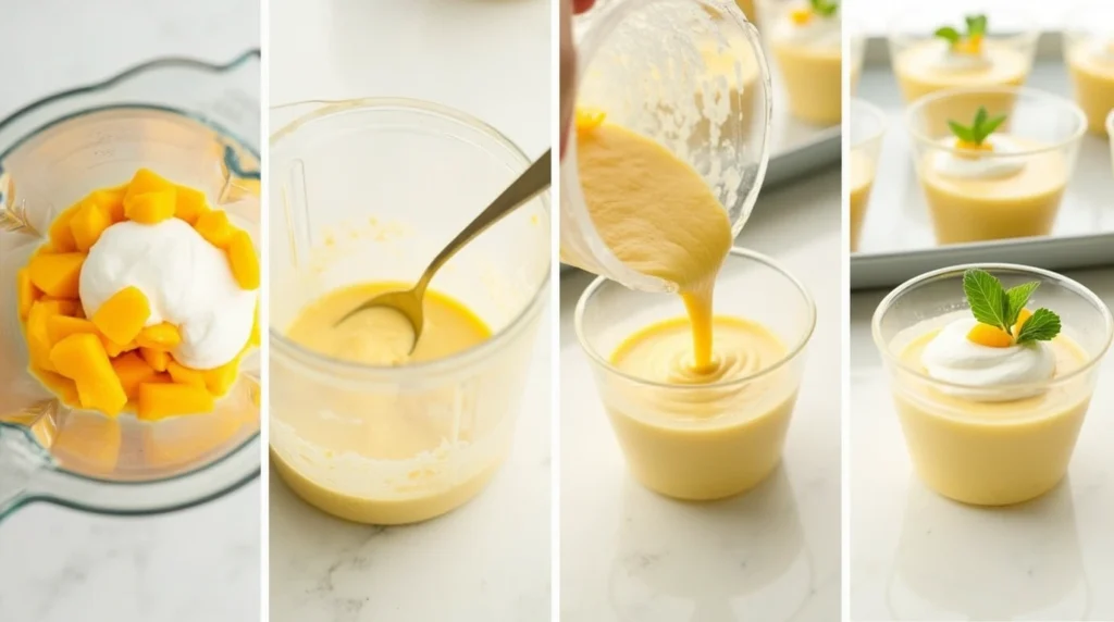 Step-by-step process of making mango mousse: blending ingredients, filling cups, setting the mousse, and garnishing with fresh mango pieces. 