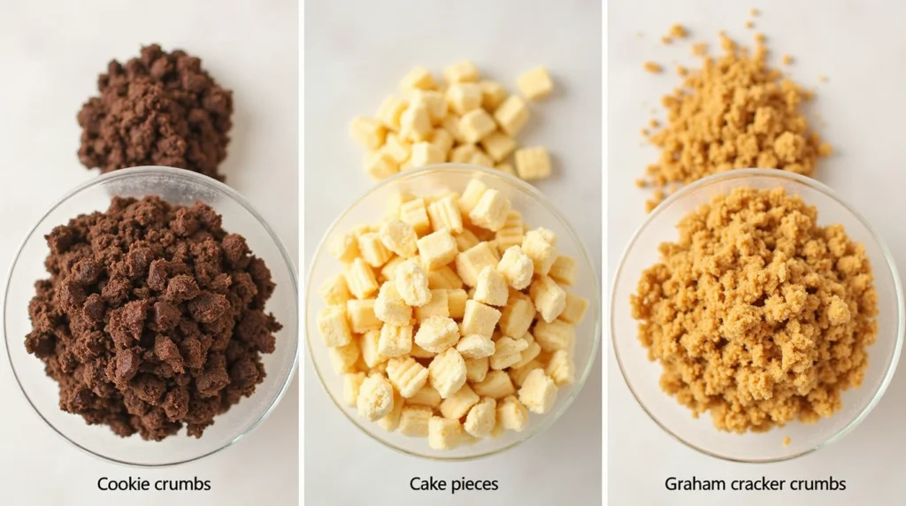 Different dessert cup bases—cookie crumbs, cake layers, and graham crackers—showing their texture and variety.