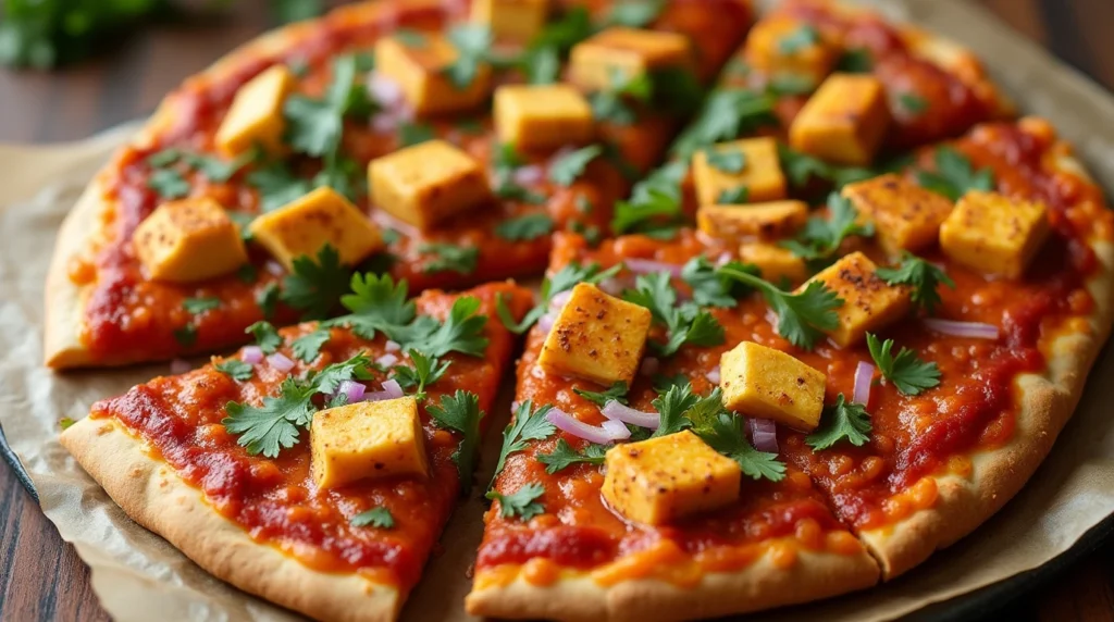 A vegetarian version of Chicken Tikka Pizza with paneer instead of chicken.