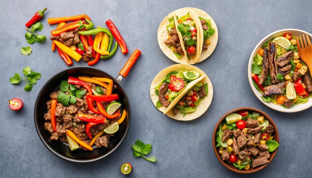 A vibrant display of easy beef dishes for lunch, including beef stir-fry, tacos, and a hearty salad with fresh ingredients like bell peppers, cilantro, lettuce, and sizzling steak.