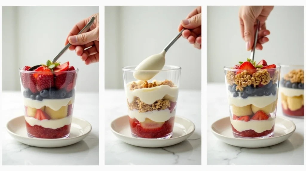 Steps to make fruit parfaits with layers of fresh fruit, creamy yogurt or whipped cream, and crunchy toppings.