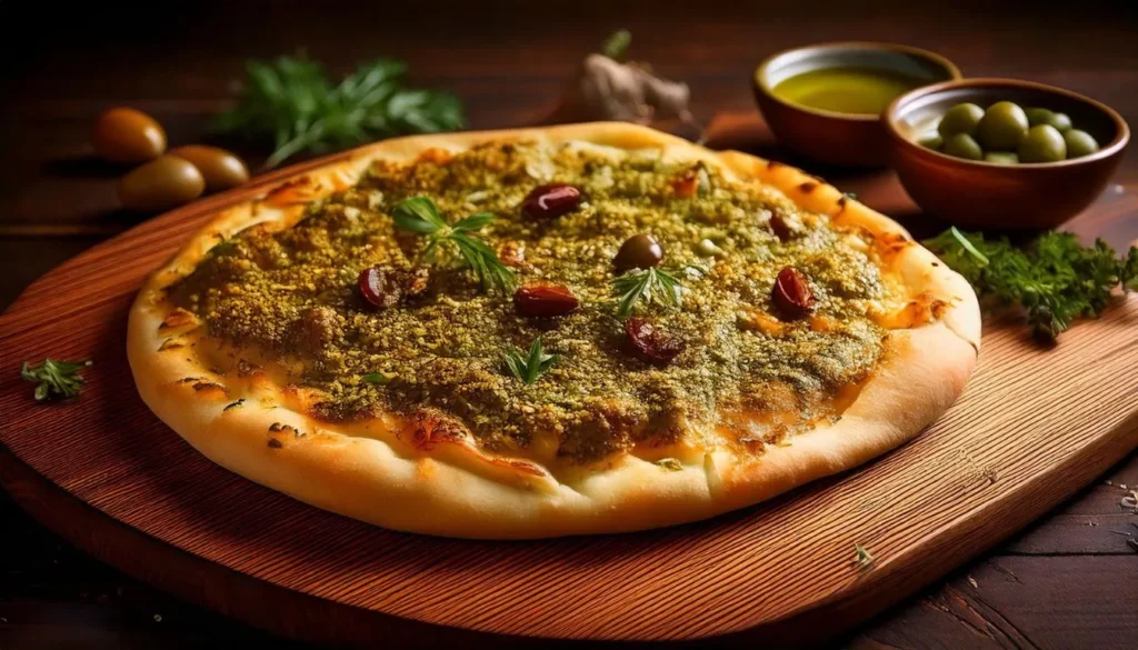 A warm Lebanese Manousheh flatbread topped with za'atar and drizzled with olive oil, served on a rustic wooden board with a side of olives and fresh herbs.