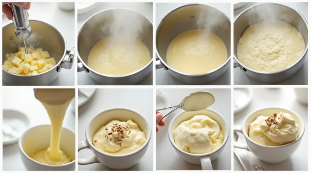 Step-by-step process of making white chocolate mousse: melting chocolate, cooling, folding in whipped cream, and serving in dessert cups.