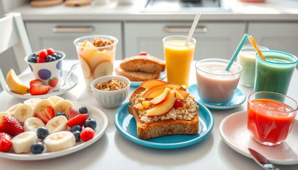 A vibrant toddler breakfast featuring sliced bananas, strawberries, blueberries, yogurt cups with granola, whole grain toast with almond butter, apple slices, oatmeal with peaches, and mini smoothies in colorful cups, all on a bright kitchen table.