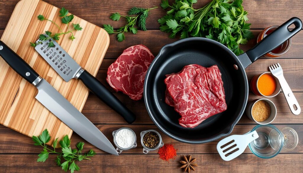 A collection of essential kitchen tools for making beef dishes, including a cutting board, chef's knife, meat tenderizer, frying pan, spatula, and measuring cups, surrounded by fresh herbs and spices on a rustic wooden countertop.