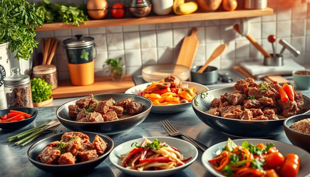 An inviting kitchen scene showcasing beef stir-fry, beef tacos with fresh toppings, and hearty beef soup. The image captures the cooking process with vibrant ingredients, utensils, and organized steps, emphasizing ease and deliciousness.