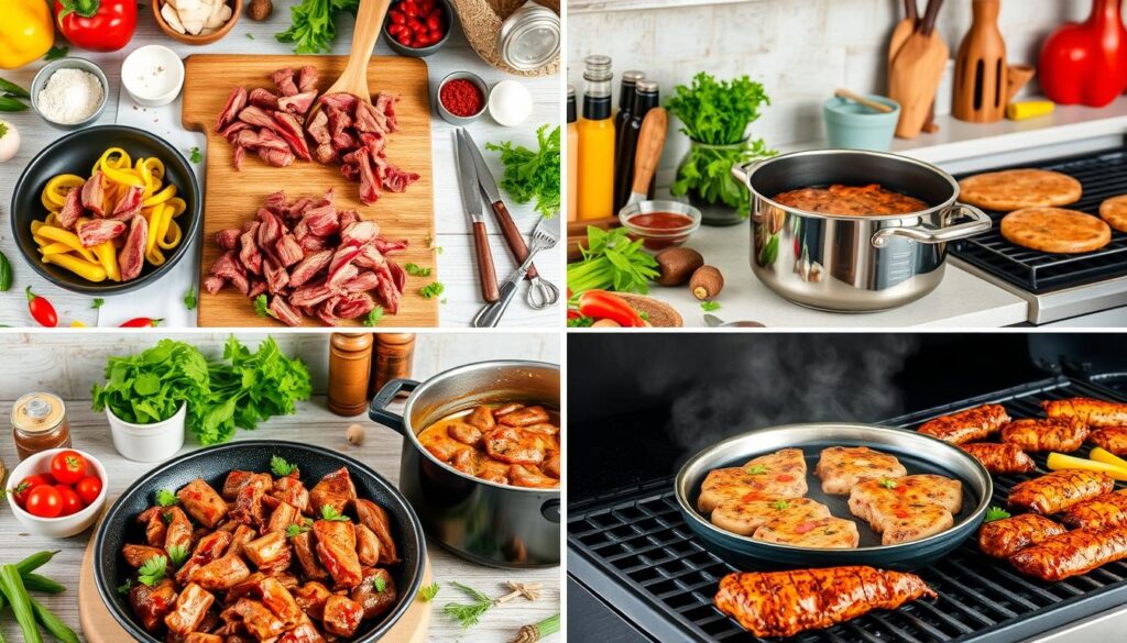 A vibrant kitchen scene showing various beef meal ideas, with step-by-step prep techniques like marinating beef strips, sautéing, slow-cooking, and grilling. Fresh vegetables, spices, and cooking tools are scattered around.