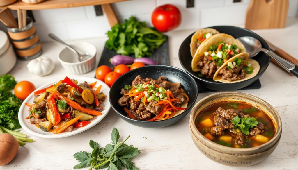 An inviting kitchen scene showcasing beef stir-fry, beef tacos with fresh toppings, and hearty beef soup. The image captures the cooking process with vibrant ingredients, utensils, and organized steps, emphasizing ease and deliciousness.