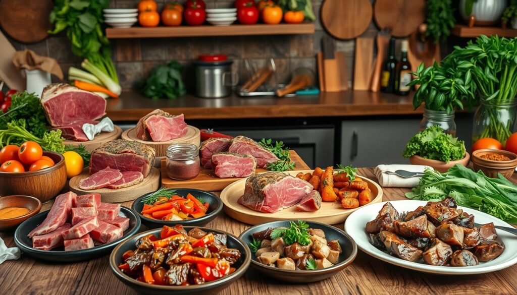 A kitchen scene with various cuts of beef surrounded by fresh vegetables and spices. Step-by-step visuals of slicing, marinating, and sautéing beef, with vibrant, plated beef dishes on a rustic wooden table.